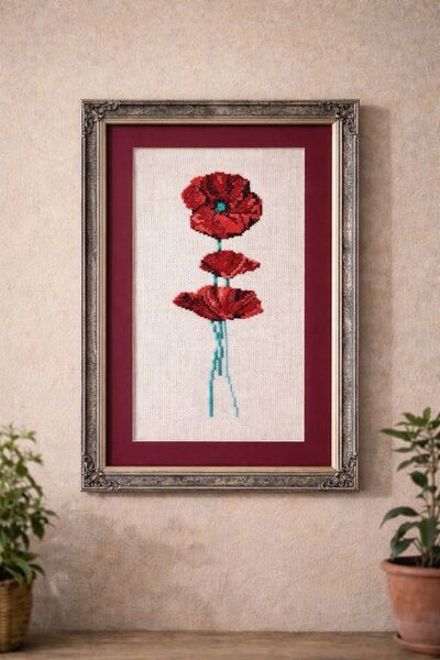 LZ STUDİO El Yapımı Etamin Kanaviçe Gelincik Desenli Cam Tablo 45x30 cm