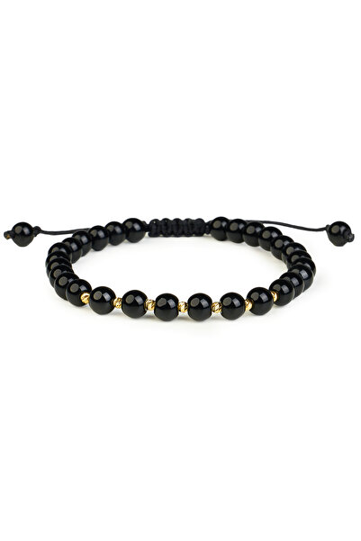 One Gold Bracelet with 7 beads 14K Gold "585" and Black Onyx, adjustable