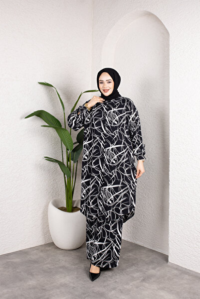 Sfg Life Moda Women's Hijab Shirt Collar Mixed Striped Viscose Tunic-Pants Set