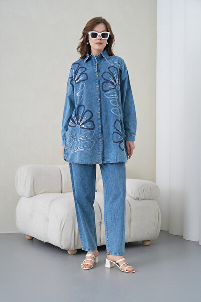 Miss Allos Cămașă lungă din denim și pantaloni din denim pentru femei, cu bro...