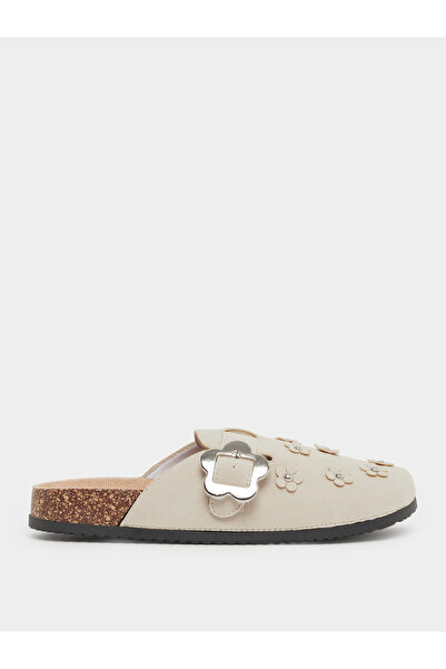 Styli Beige Floral Buckle Mules