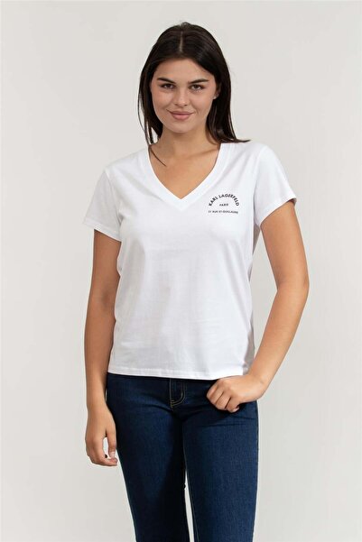 Karl Lagerfeld Kadın V Yaka T-Shirt Beyaz