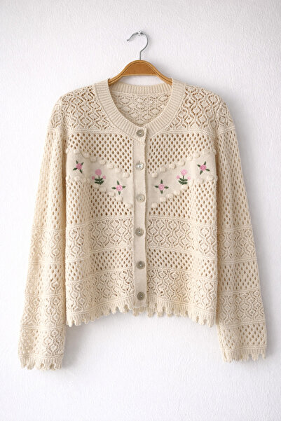 Retrobird Embroidered Romantic Cardigan for Women in Sand Color
