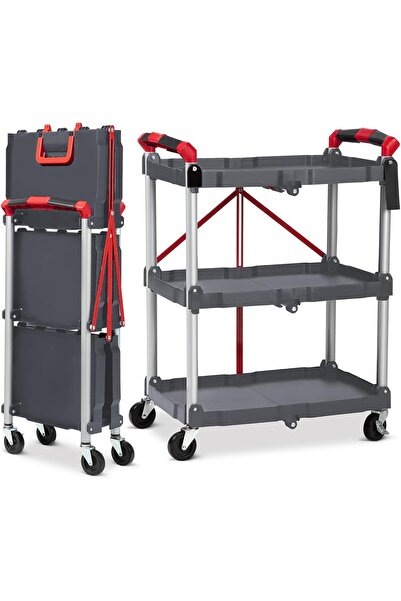 Garvee 3 Tier Folding Utility Cart - Collapsible Rolling Cart with Lockable W...