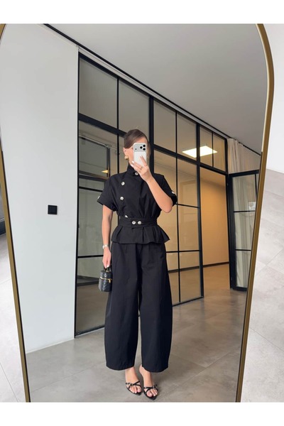 BB Bensu Buyruk Stand Collar K Belt Shirt and Pants Set Black