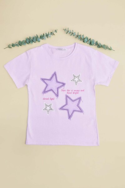 Fulla Moda Tricou pentru fete cu imprimeu stele și guler tip bicicletă