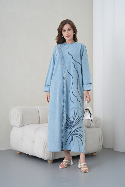 Miss Allos Women's Buttoned Beaded Embroidered Wide Fit Long Denim Dress