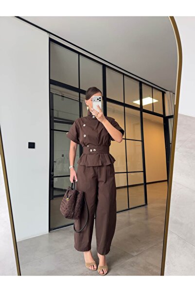 BB Bensu Buyruk Stand Collar K Belt Shirt Pants Suit Brown
