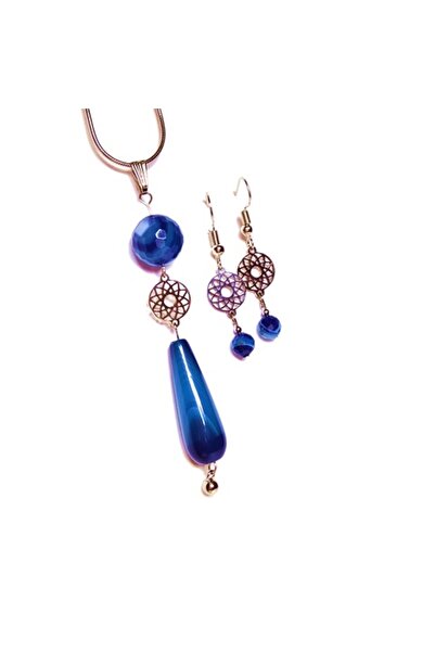 CrisArtDeco Set de bijuterii din agat albastru cu accesorii din oțel inoxidabil