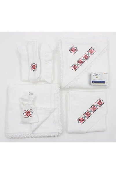 PRICHINDEL Set botez din muselină, 8 piese, Flavi, cu model, alb