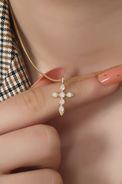 Sanem silver 925 Ayar Gümüş Üzeri 14 K Altın Kaplama,Haç Kolye,İsa Kolye, BEY...