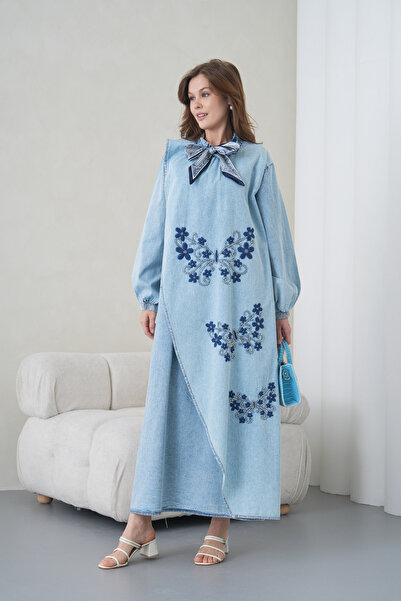 Miss Allos Women's Scarf Detailed Butterfly Embroidered Wide Fit Long Denim D...