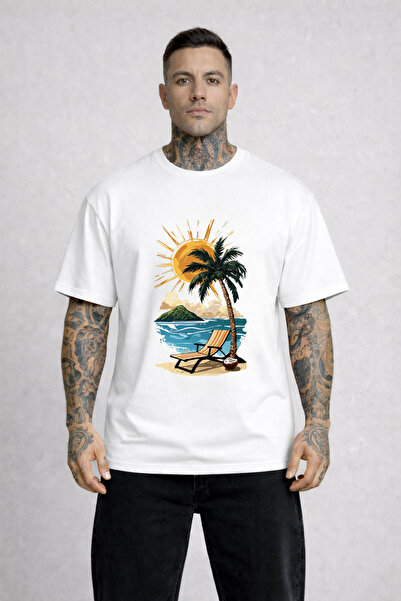 VODEXA Ανδρικό T-Shirt Oversize PALMİYA με στάμπα, 100% βαμβακερό, άνετη εφαρ...