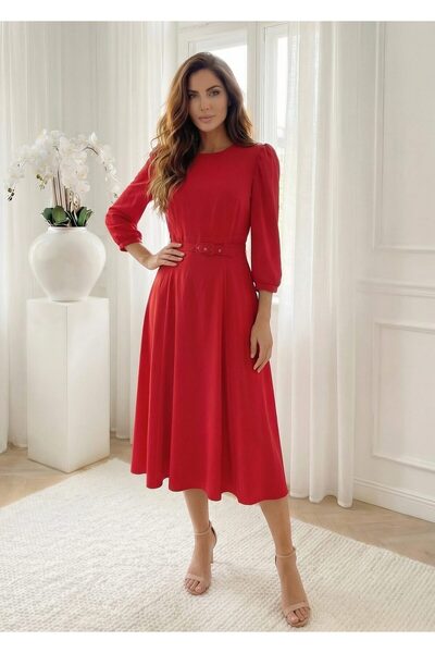 UniqueStore.ro Elegant red midi dress with waist belt - 2XL