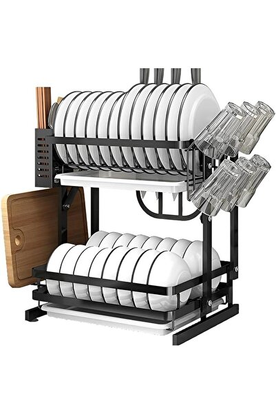 Arabest 2-Tier Dish Drying Stand, Foldable Dish Rack with Cups Holder, Flatwa...