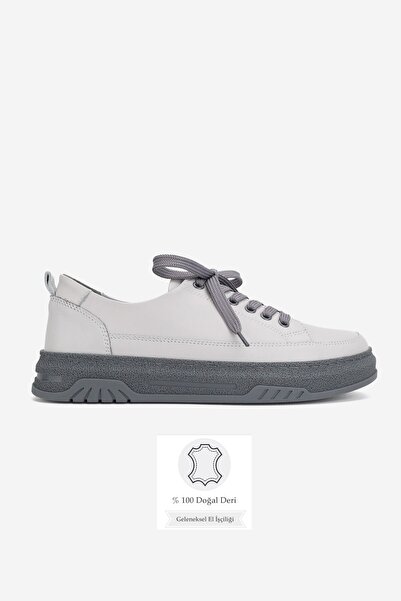 TUNAELLİ Women's Gray Genuine Natural Leather Size 36-41 Lace-Up Sneaker Shoes