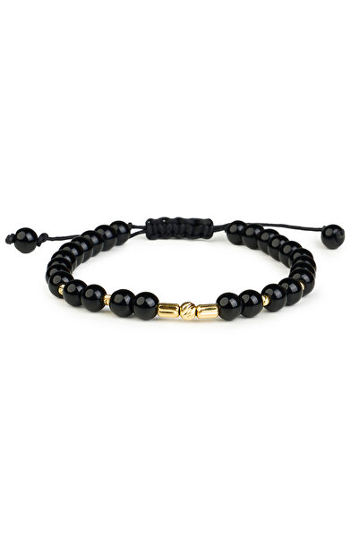 One Gold Bracelet with 14K Gold Beads "585" and Black Onyx, Adjustable