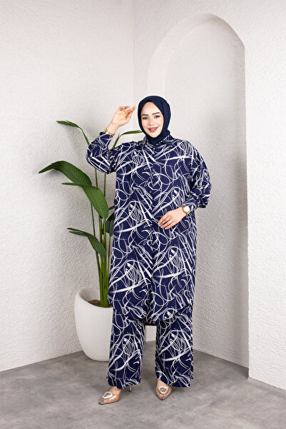 HİRA LİFE FASHİON Women's Hijab Shirt Collar Mixed Striped Viscose Tunic-Pant...