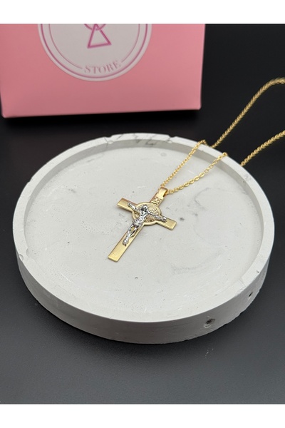 Korumalı San Benito Madalyon Detaylı Haç Kolye , İsa Figürlü Haç Kolye Gold Kaplama