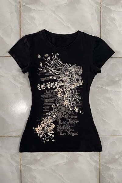 Karakedi Flowers Las Vegas Black Y2K Short Sleeve Cropped