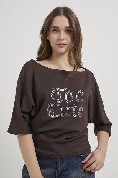 Arma Life Armalife 11360 boat neck women's blouse with stone text detail