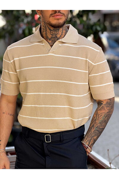 manch collection Striped Polo Neck Knitwear Cream