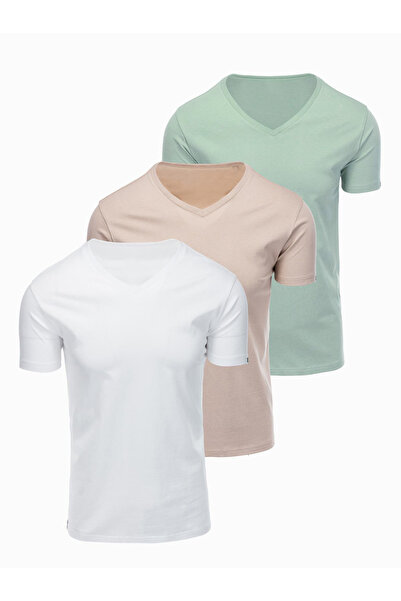 OMBRE Bărbați Tricou Bumbac Set 3 buc. OM-TSBS-0281 Warm grey, white, sage green