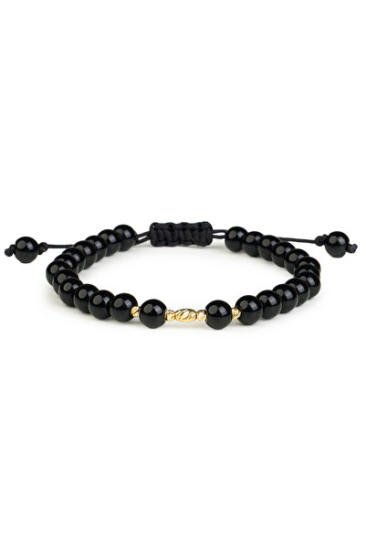 One Gold Bracelet with 14K Gold Beads "585" and Black Onyx, Adjustable