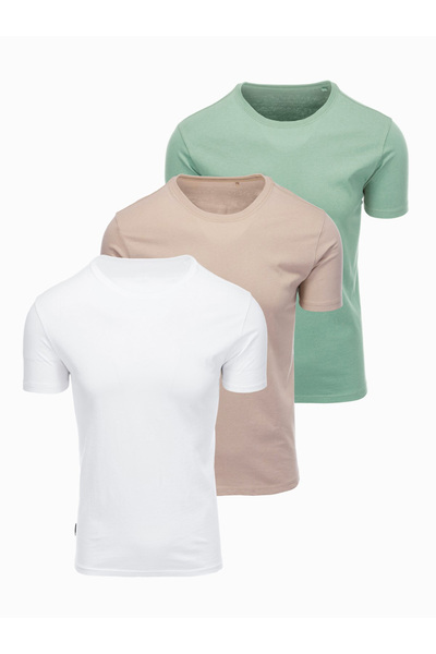 OMBRE Pánské Tričko Sada 3ks Bavlna OM-TSBS-0268 Šalvěj zelená, bílá, teplá šedá