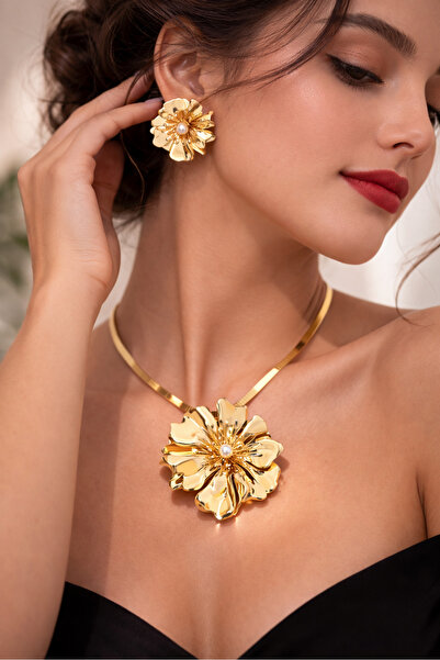 SE Jewellery Collection Selin Ersoy Altın Renk Büyük Çiçek Tasarım Kadın Koly...