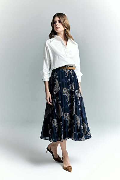 Sateen Fusta din șifon cu model șal - Albastru închis