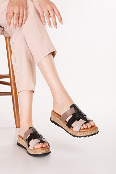 Gondol Women's Genuine Leather Thick Soled Daily Shoes Slipper Iz.5706 Black