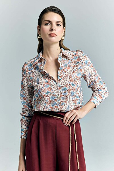 Sateen Cămașă cu model șal și mâneci pliate - Albastru