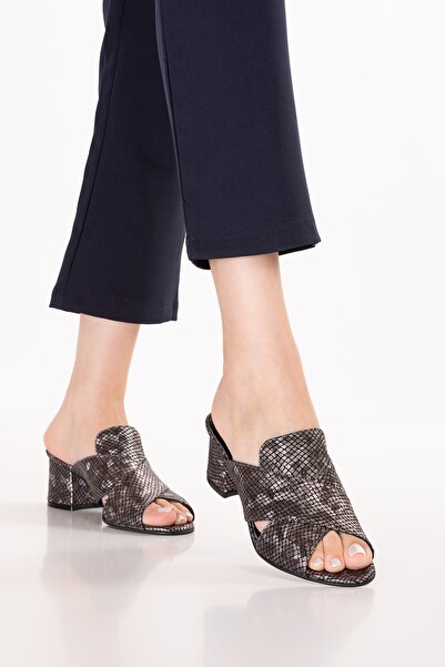 Gondol Women's Genuine Leather Mid Boots Heeled Slipper Şhn.1198 Platinum