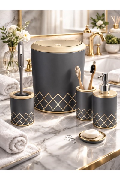 decorev Geometrik Zikzak Desenli 4’lü Banyo Seti