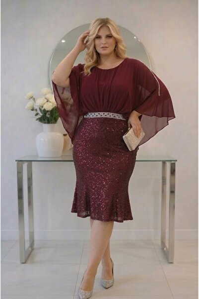 Donna Miranda Büyük Beden Midi Abiye Elbise Drapeli Şifon Üstlü Taşlı Bel Det...