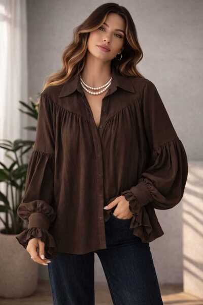 ECK MODA Women's Casual Fit Oversized Ruched Low Shoulder Textured Shirt - Cu...