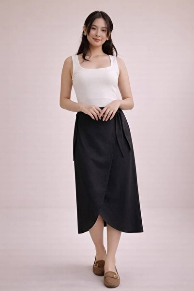 bb butik basic Sofia Linen Side-Tie Skirt Hkn34