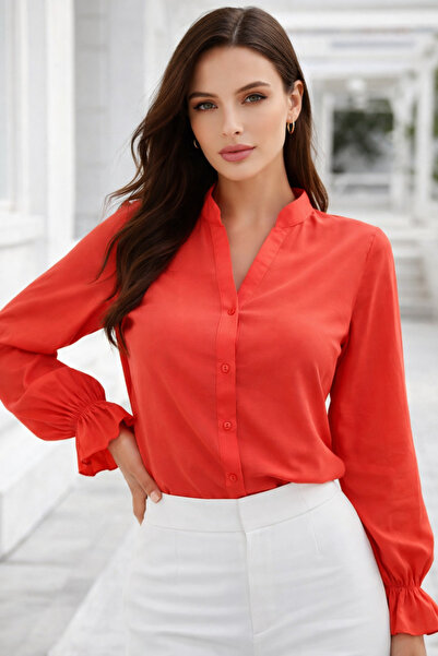 Rich Women's Wrinkled Fabric Oversized Shirt with Elastic Sleeves