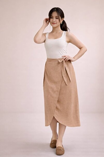 bb butik basic Sofia Linen Side-Tie Skirt Hkn34