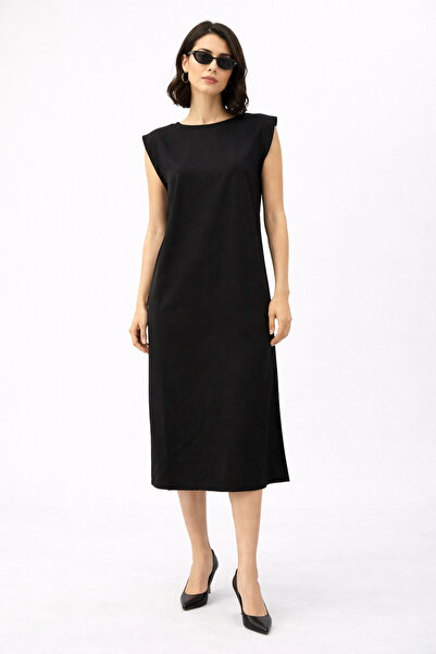 VENA Midi Boy Yanı Yırtmaçlı Yumuşak Dokulu Pike Elbise(CUPRO)-Siyah