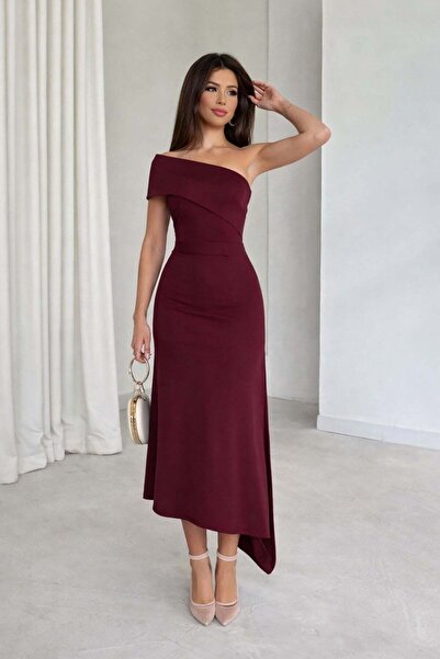 Deafox Burgundy Collar and Skirt Asymmetrical Detail Crepe Fabric Midi Length...