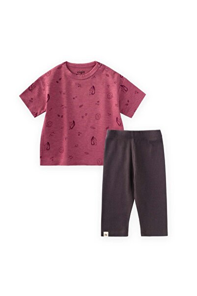 Cigit طقم تي شيرت مع بنطلون ضيق للأطفال من 0-3 سنوات بلون البرقوق