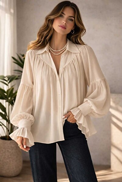 ECK MODA Women's Casual Fit Oversized Ruched Low Shoulder Textured Shirt - Cu...