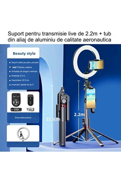 AERX Stabilizator Gimbal Telefon cu Trepied Integrat, 2 Telecomenzi, iOS sau Android, Live Streaming