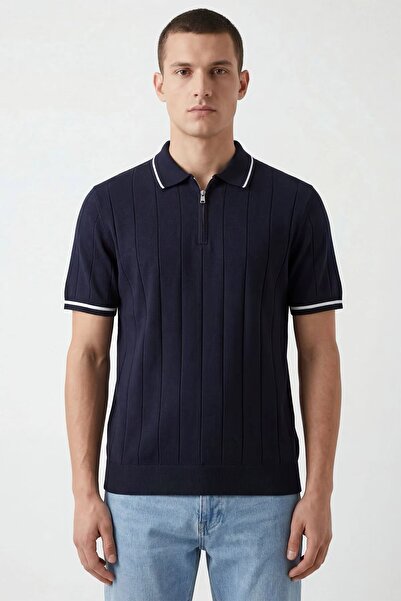 No Way Striped Patterned Zippered Polo Collar Regular Fit Knitted Fine Knit M...