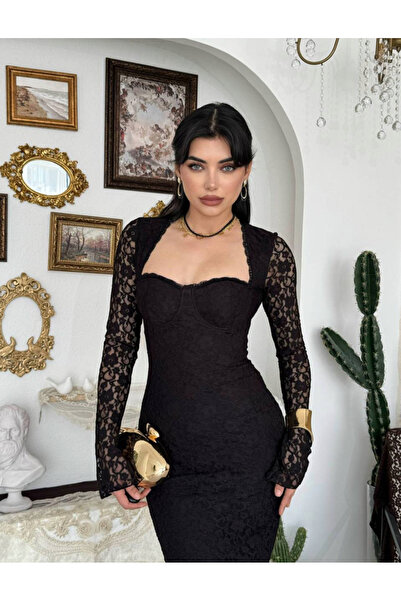 Dilek Vardar Black Lace Long Sleeve Stylish Long Dress