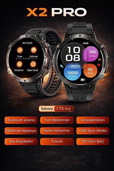 Kılıforyum X2 Pro Akıllı Saat Bluetooth Arama AMOLED Ekran 1000mAh Uzun Şarj ...