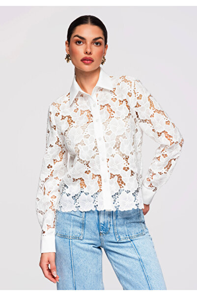 OMBRE Femei Cămașă Elegantă Dantelă OW-SH-E0025 Alb