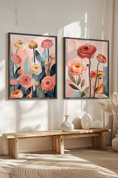 STARYUNA Set de tablouri duble cu ilustrații florale și ramă din lemn negru Y...